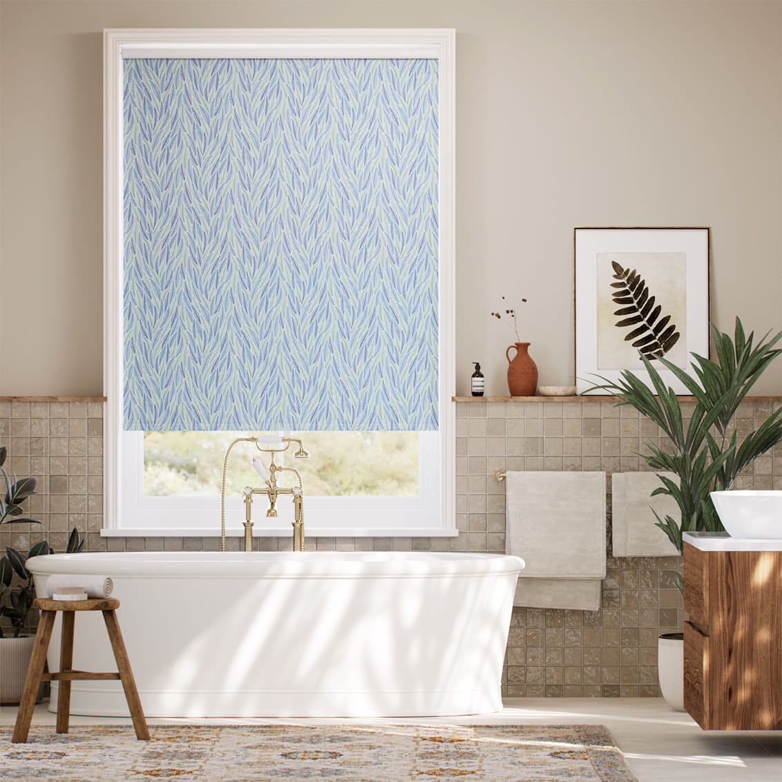 Falling Leaves Blue & Aqua Roller Blind