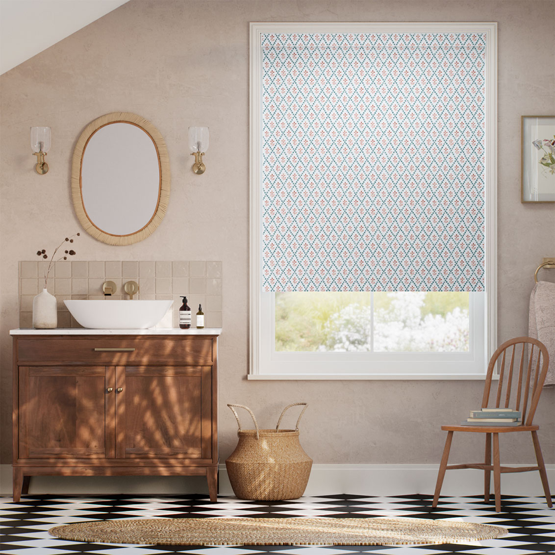２Floral Trellis Aqua & Spice Roller Blind