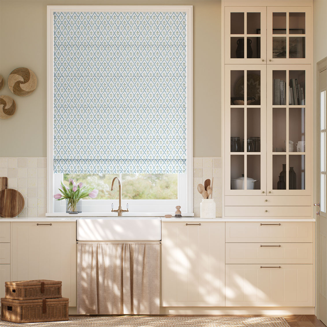 ２Floral Trellis Blue & Green Roman Blind