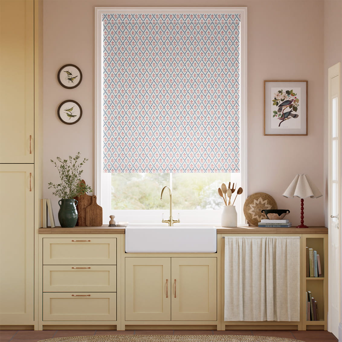２Floral Trellis Blue & Red Roller Blind
