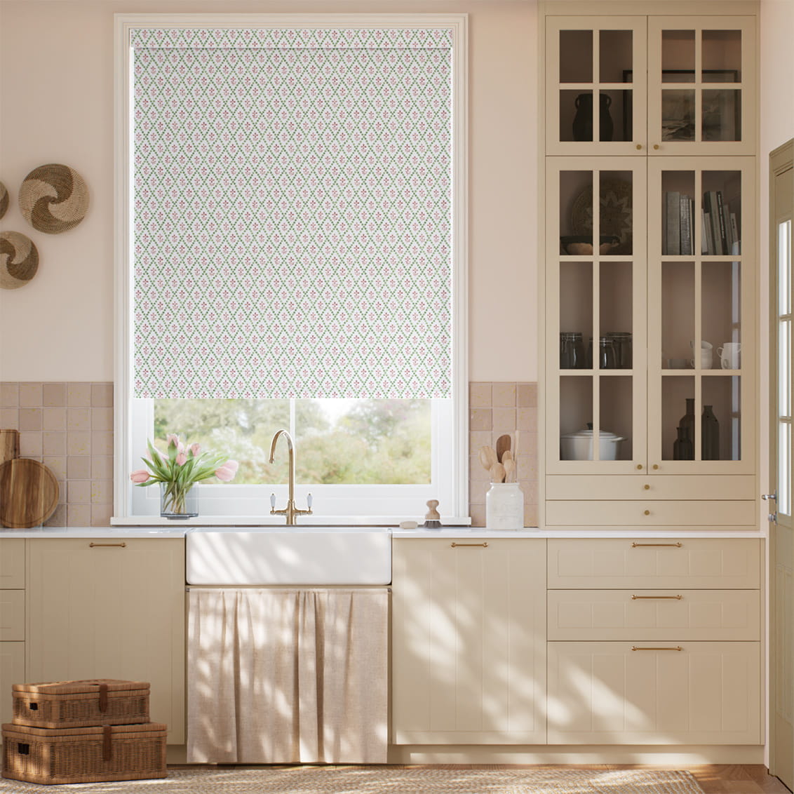 ２Floral Trellis Green & Blush Roller Blind