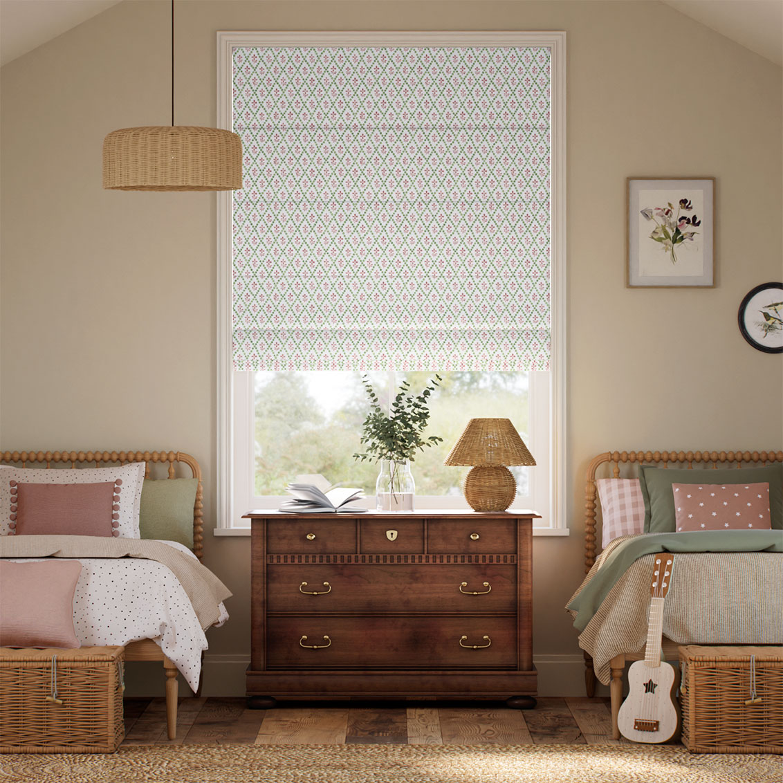 ２Floral Trellis Green & Blush Roman Blind