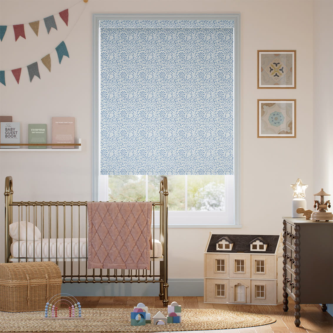 ２Flower Block Blue Roller Blind