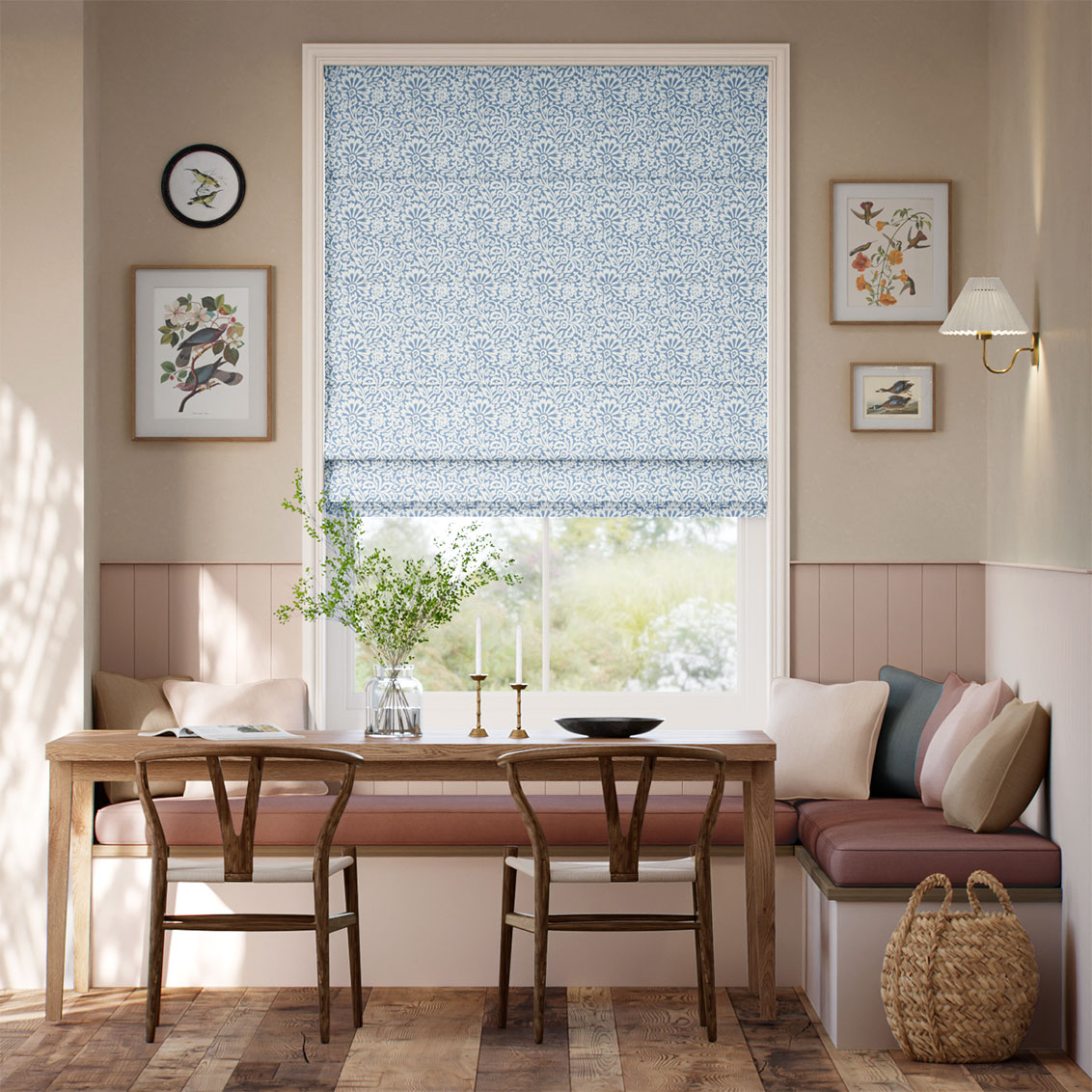 ２Flower Block Blue Roman Blind