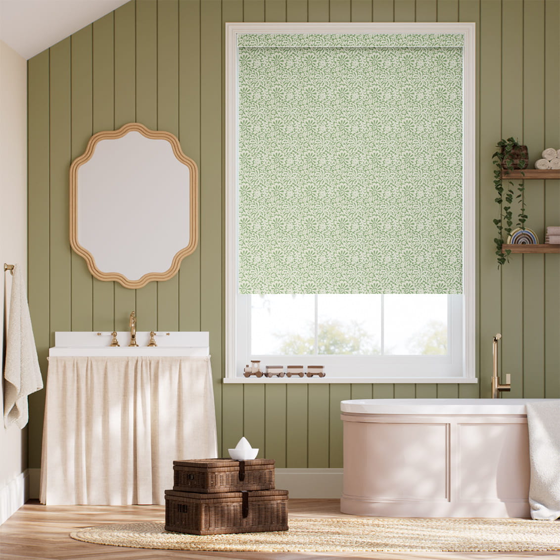 ２Flower Block Green Roller Blind