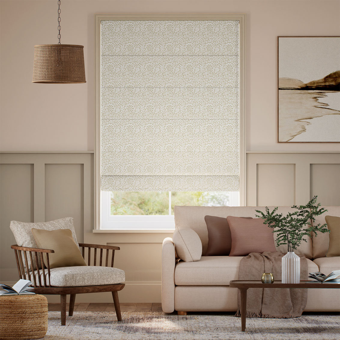 ２Flower Block Neutral Roman Blind
