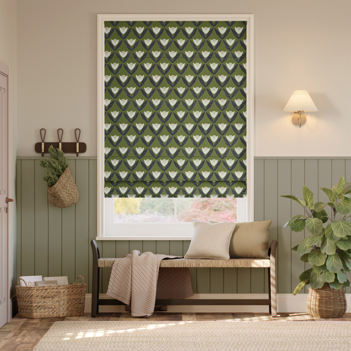 １−2Tulip Trellis Olive Roman Blind