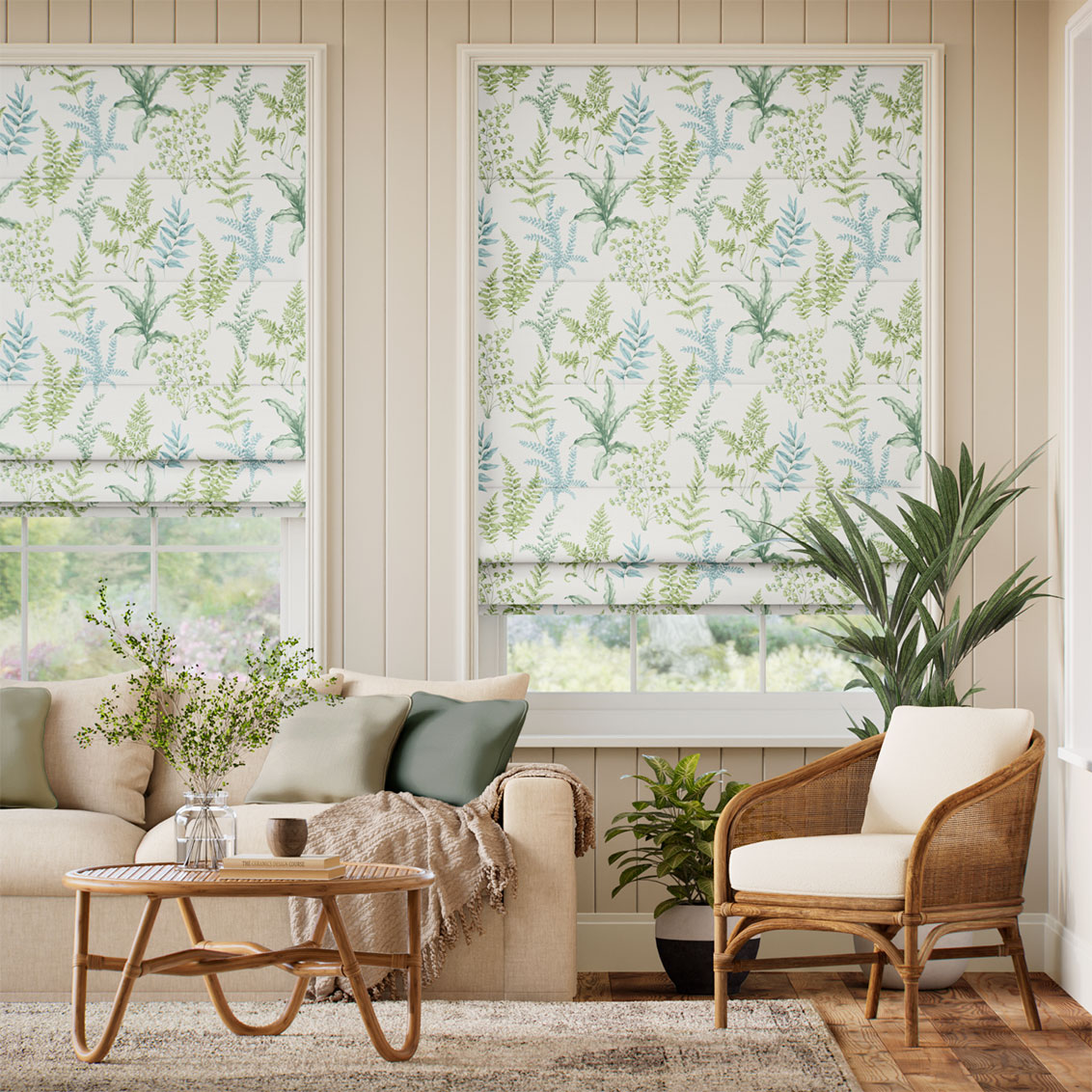 ２Woodland Fern Green & Aqua Roman Blind