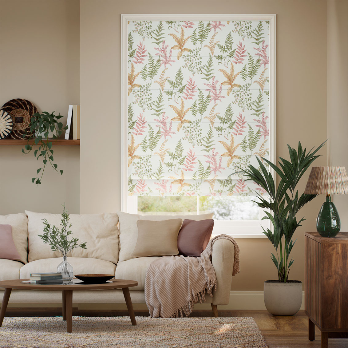 ２Woodland Fern Green & Blush Roman Blind